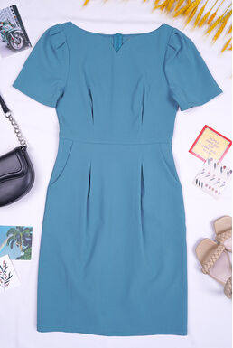 V Neck Puff Sleeve Pleated Pencil Dress (Grey Blue)